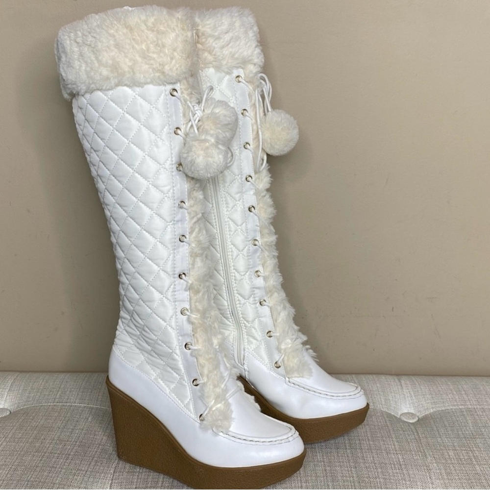 White and Brown Heeled Boots with Fur Trim